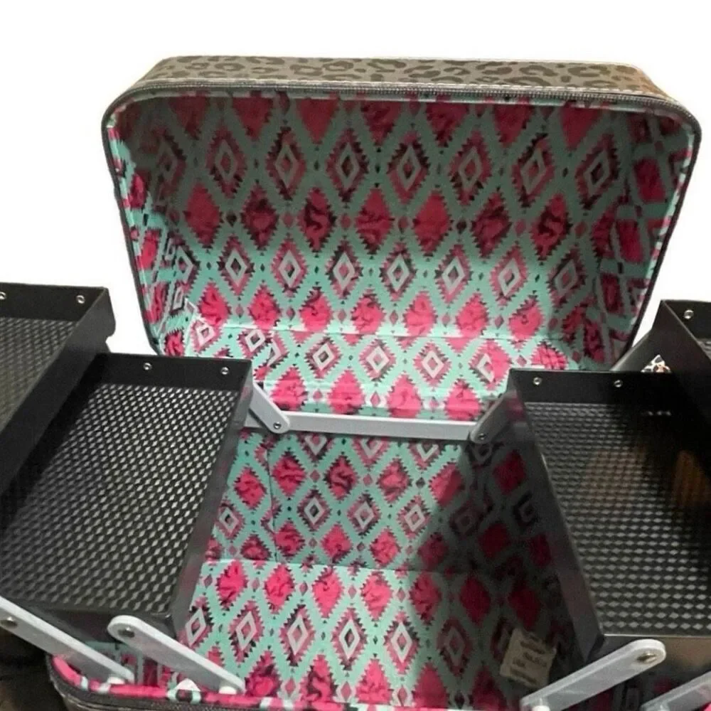 Western Aztec Print Cosmetic Case Womens Leopard Tiered Makeup Storage Brand New